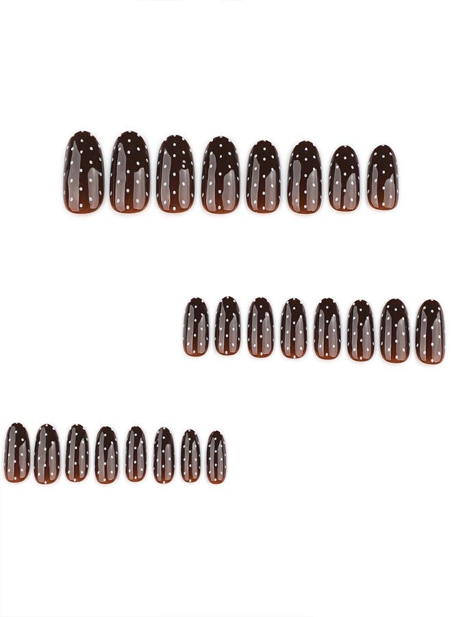 OSTTMA 24Pcs Brown Press on Nails Polka Dot Fake Nails Short Oval False Nails Press ons with White Dots Design Full Cover Stick on Nail for Women, Reusable Glue on Nails for Daily Wear Party - Image 4
